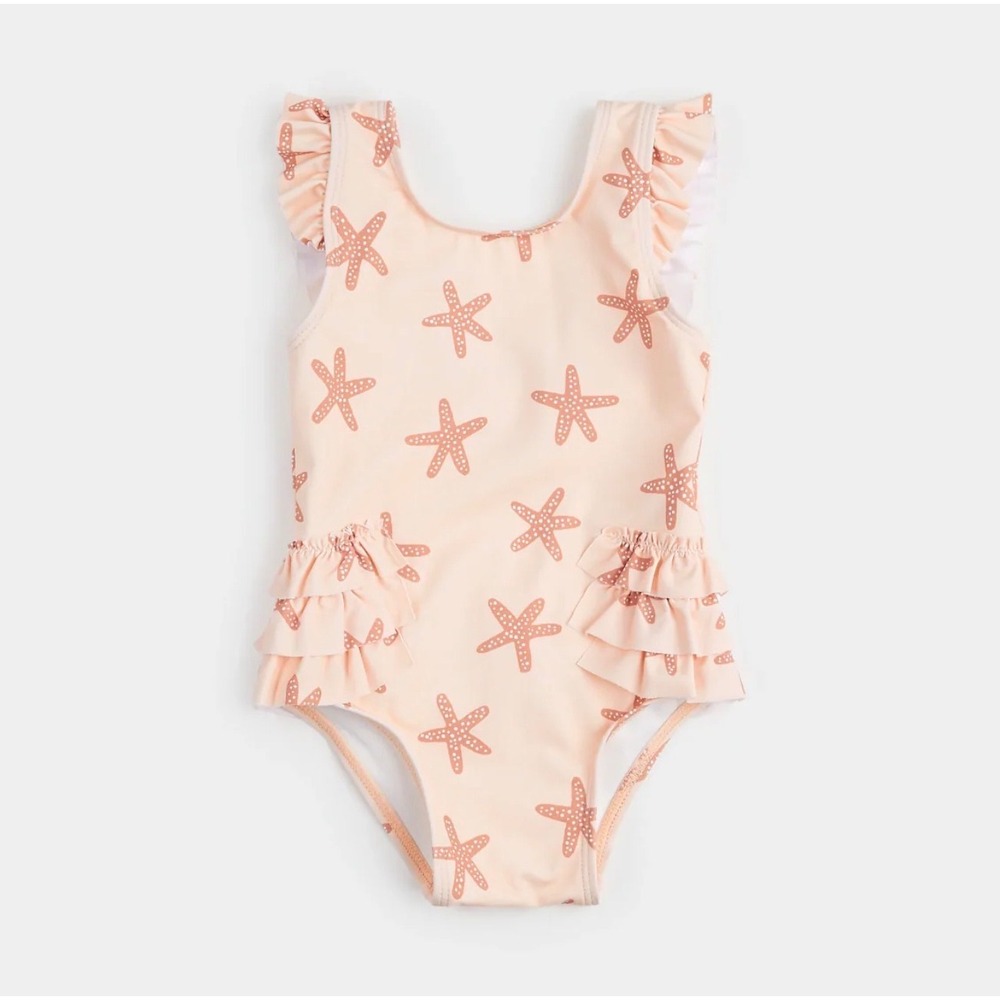 Petit Lem Baby Girls Starfish Print Ruffle One Piece Swimsuit Peach 12/18M NWOT